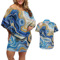 Polynesian Tribal Tattoo Couples Matching Off Shoulder Short Dress and Hawaiian Shirt Swirling Ocean Marble Pattern
