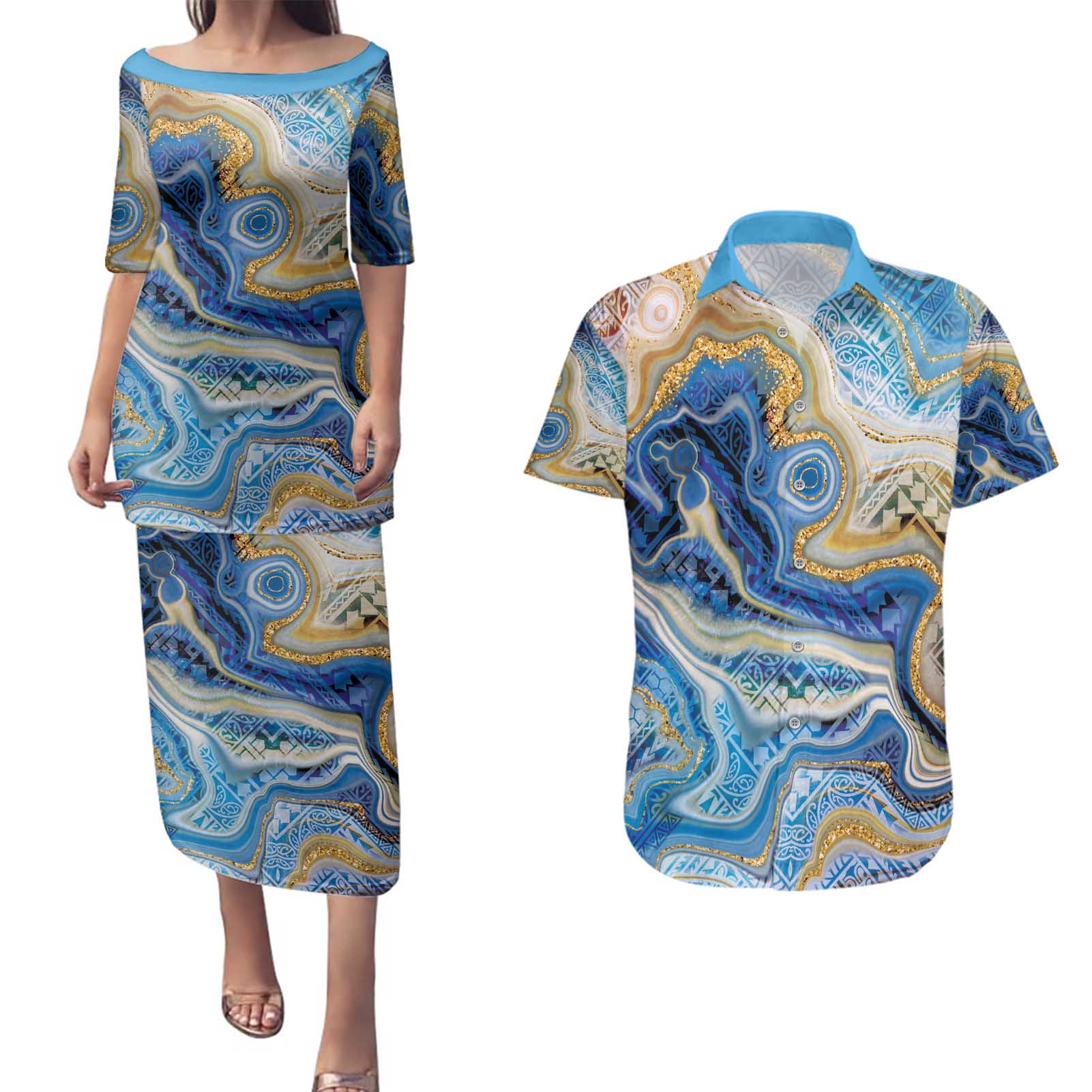 Polynesian Tribal Tattoo Couples Matching Puletasi and Hawaiian Shirt Swirling Ocean Marble Pattern