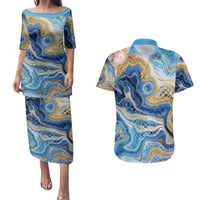 Polynesian Tribal Tattoo Couples Matching Puletasi and Hawaiian Shirt Swirling Ocean Marble Pattern