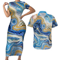 Polynesian Tribal Tattoo Couples Matching Short Sleeve Bodycon Dress and Hawaiian Shirt Swirling Ocean Marble Pattern