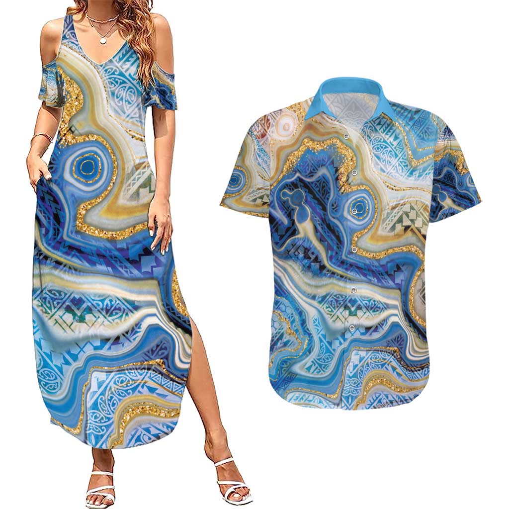 Polynesian Tribal Tattoo Couples Matching Summer Maxi Dress and Hawaiian Shirt Swirling Ocean Marble Pattern