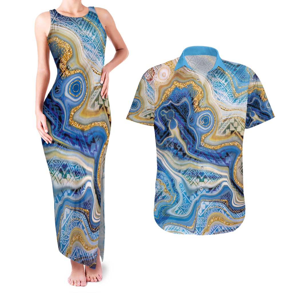 Polynesian Tribal Tattoo Couples Matching Tank Maxi Dress and Hawaiian Shirt Swirling Ocean Marble Pattern