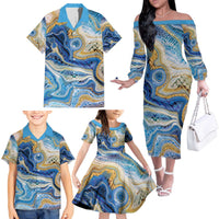 Polynesian Tribal Tattoo Family Matching Off The Shoulder Long Sleeve Dress and Hawaiian Shirt Swirling Ocean Marble Pattern