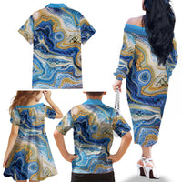 Polynesian Tribal Tattoo Family Matching Off The Shoulder Long Sleeve Dress and Hawaiian Shirt Swirling Ocean Marble Pattern