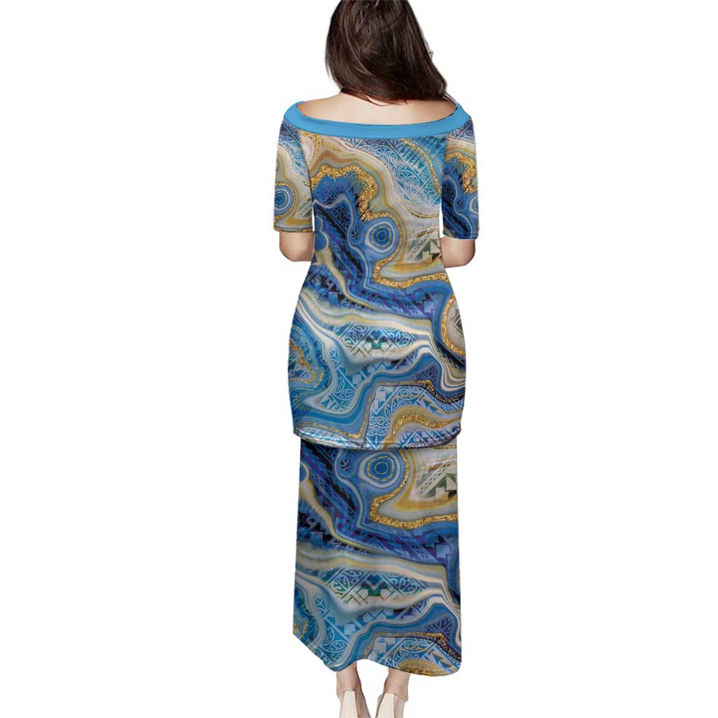 Polynesian Tribal Tattoo Family Matching Puletasi and Hawaiian Shirt Swirling Ocean Marble Pattern