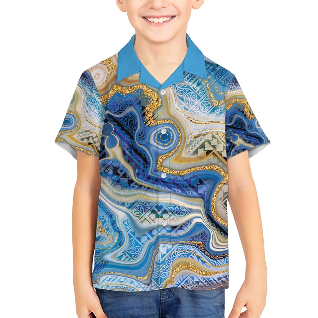 Polynesian Tribal Tattoo Family Matching Short Sleeve Bodycon Dress and Hawaiian Shirt Swirling Ocean Marble Pattern LT9 Son's Shirt Ocean - Polynesian Pride