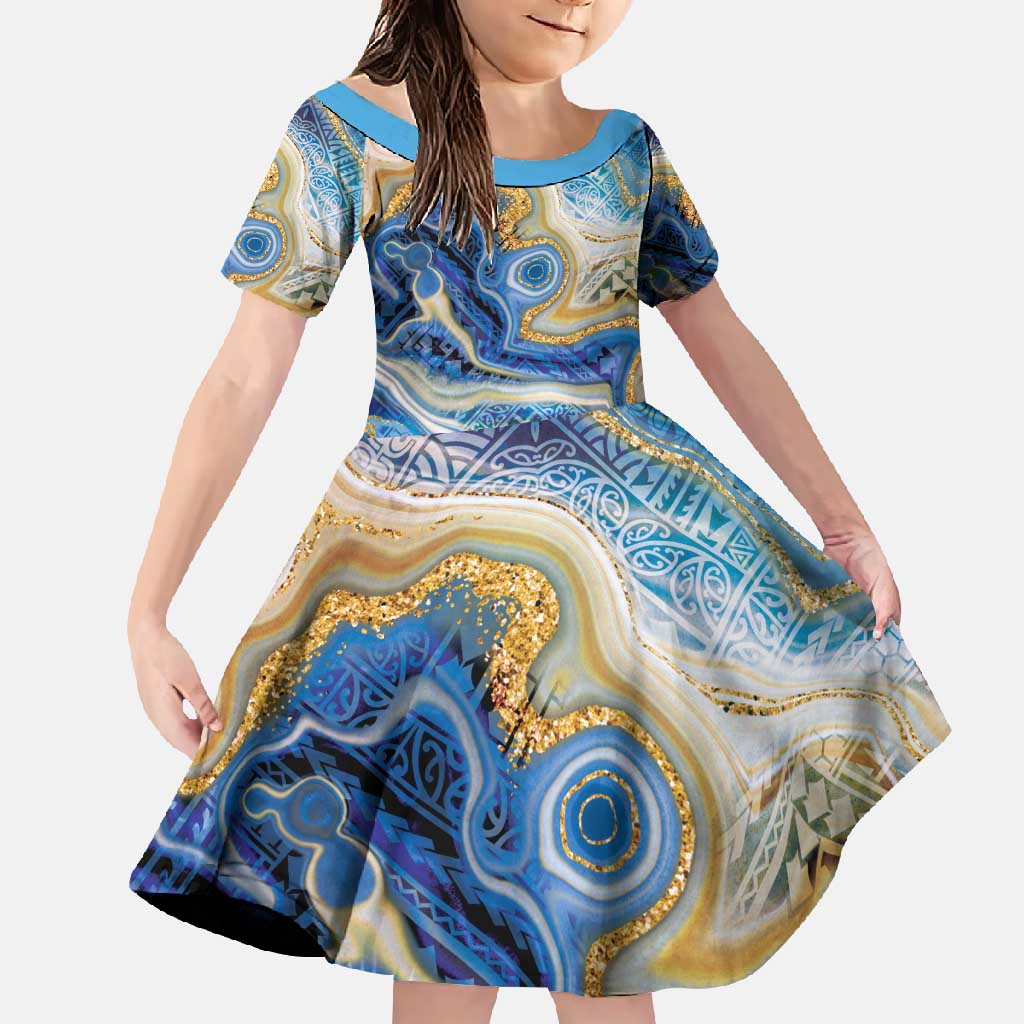 Polynesian Tribal Tattoo Family Matching Tank Maxi Dress and Hawaiian Shirt Swirling Ocean Marble Pattern LT9 Daughter's Dress Ocean - Polynesian Pride