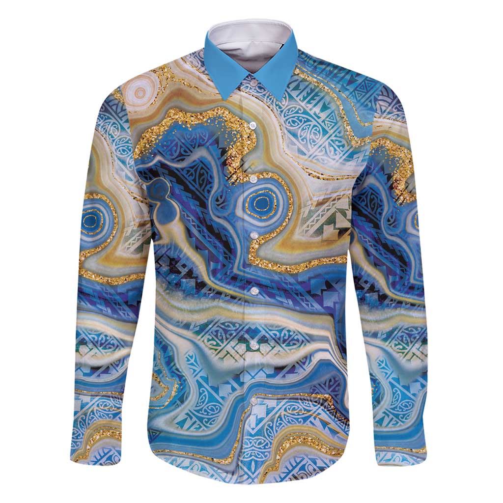 Polynesian Tribal Tattoo Family Matching Tank Maxi Dress and Hawaiian Shirt Swirling Ocean Marble Pattern LT9 Dad's Shirt - Long Sleeve Ocean - Polynesian Pride