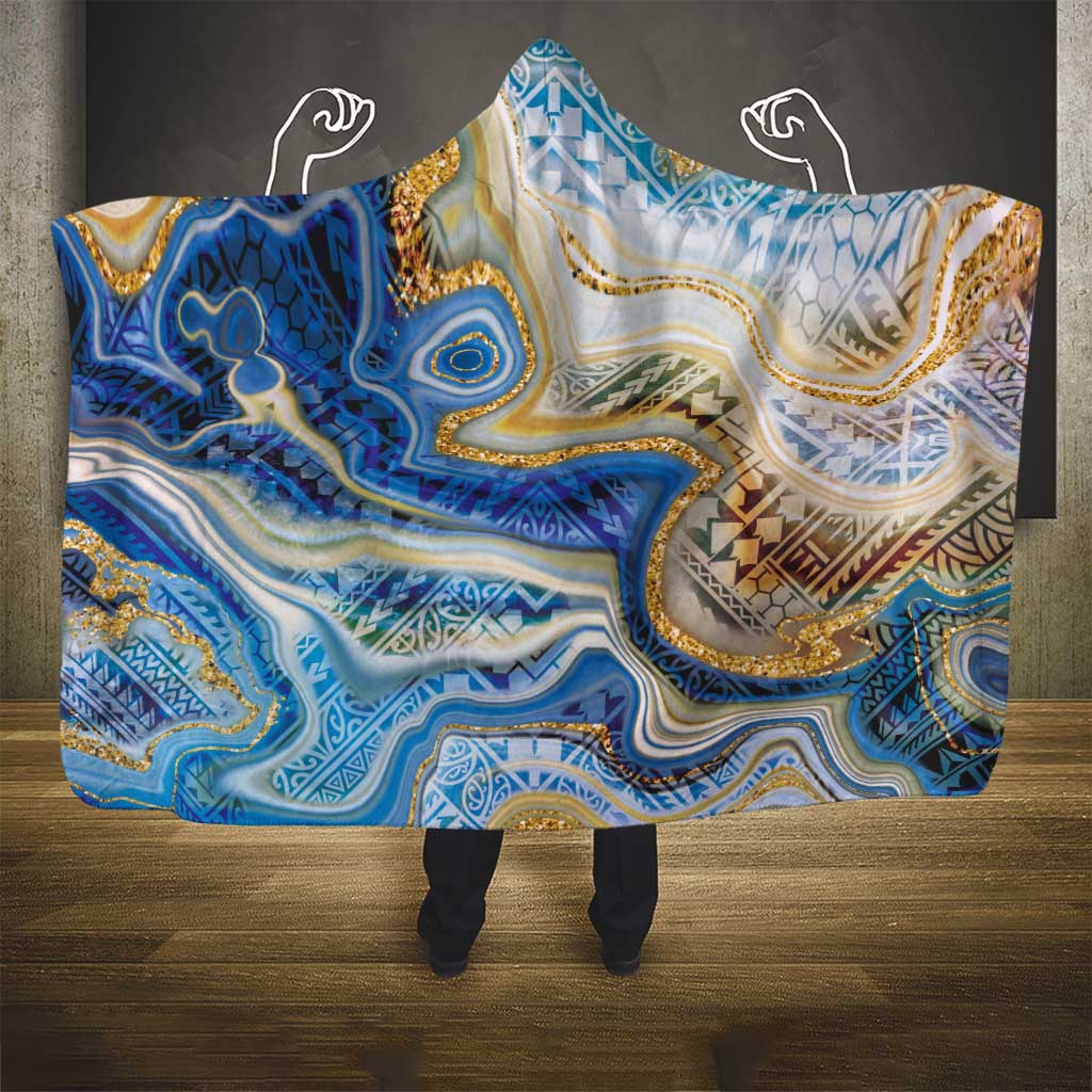 Polynesian Tribal Tattoo Hooded Blanket Swirling Ocean Marble Pattern