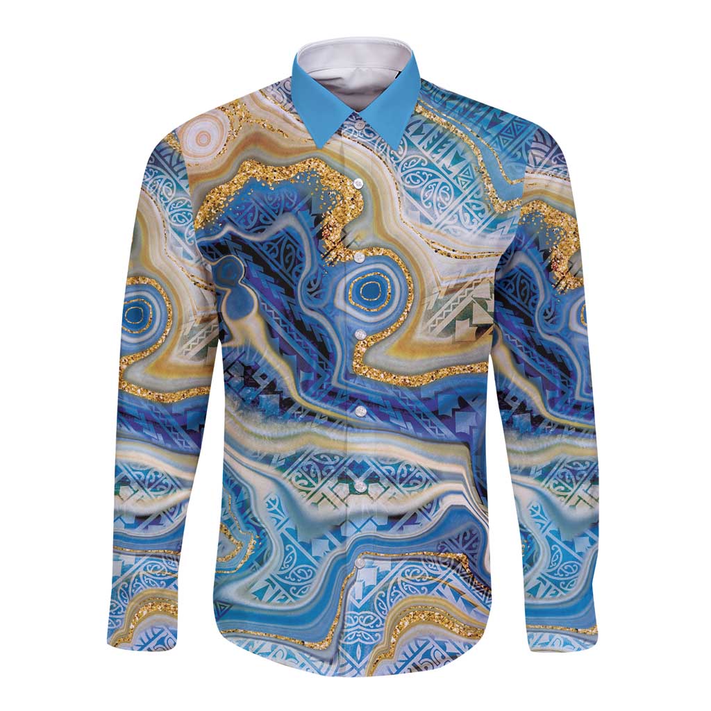 Polynesian Tribal Tattoo Long Sleeve Button Shirt Swirling Ocean Marble Pattern