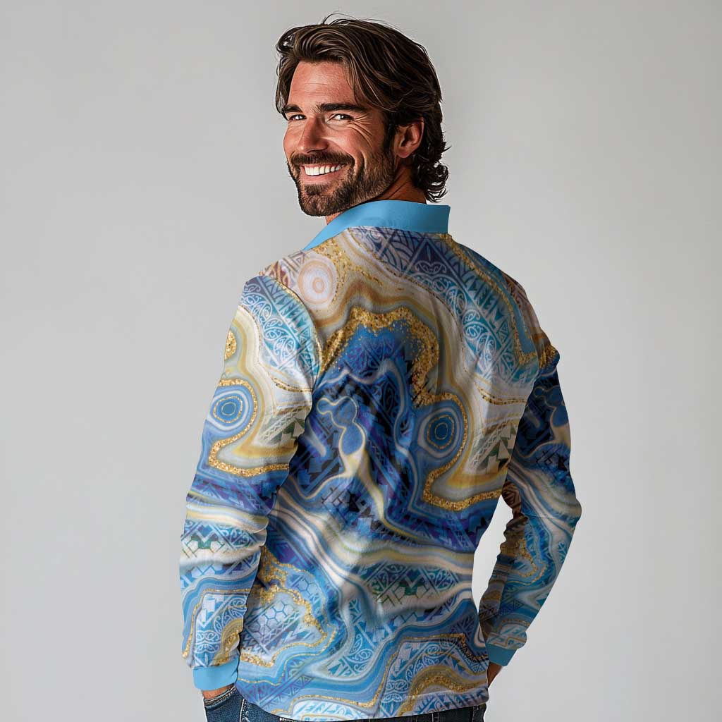 Polynesian Tribal Tattoo Long Sleeve Polo Shirt Swirling Ocean Marble Pattern
