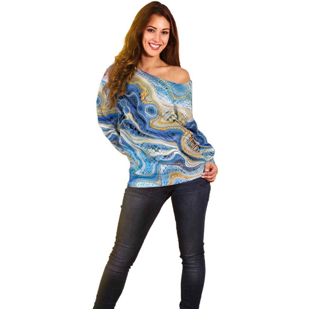 Polynesian Tribal Tattoo Off Shoulder Sweater Swirling Ocean Marble Pattern