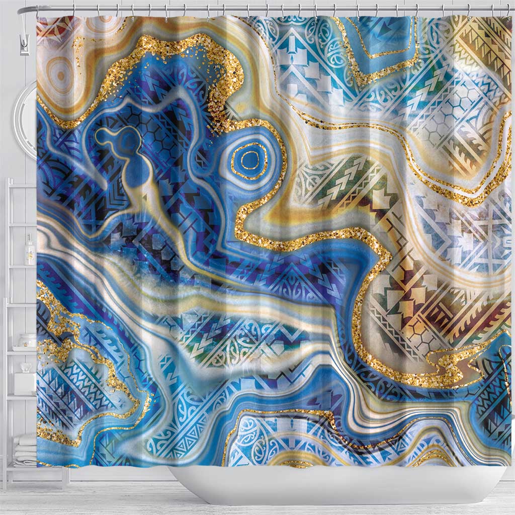 Polynesian Tribal Tattoo Shower Curtain Swirling Ocean Marble Pattern