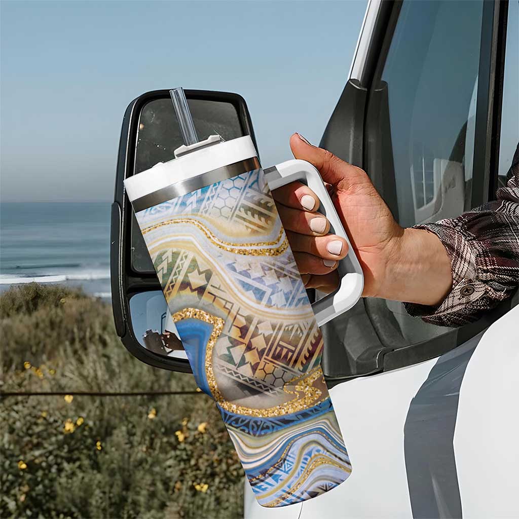 Polynesian Tribal Tattoo Tumbler With Handle Swirling Ocean Marble Pattern