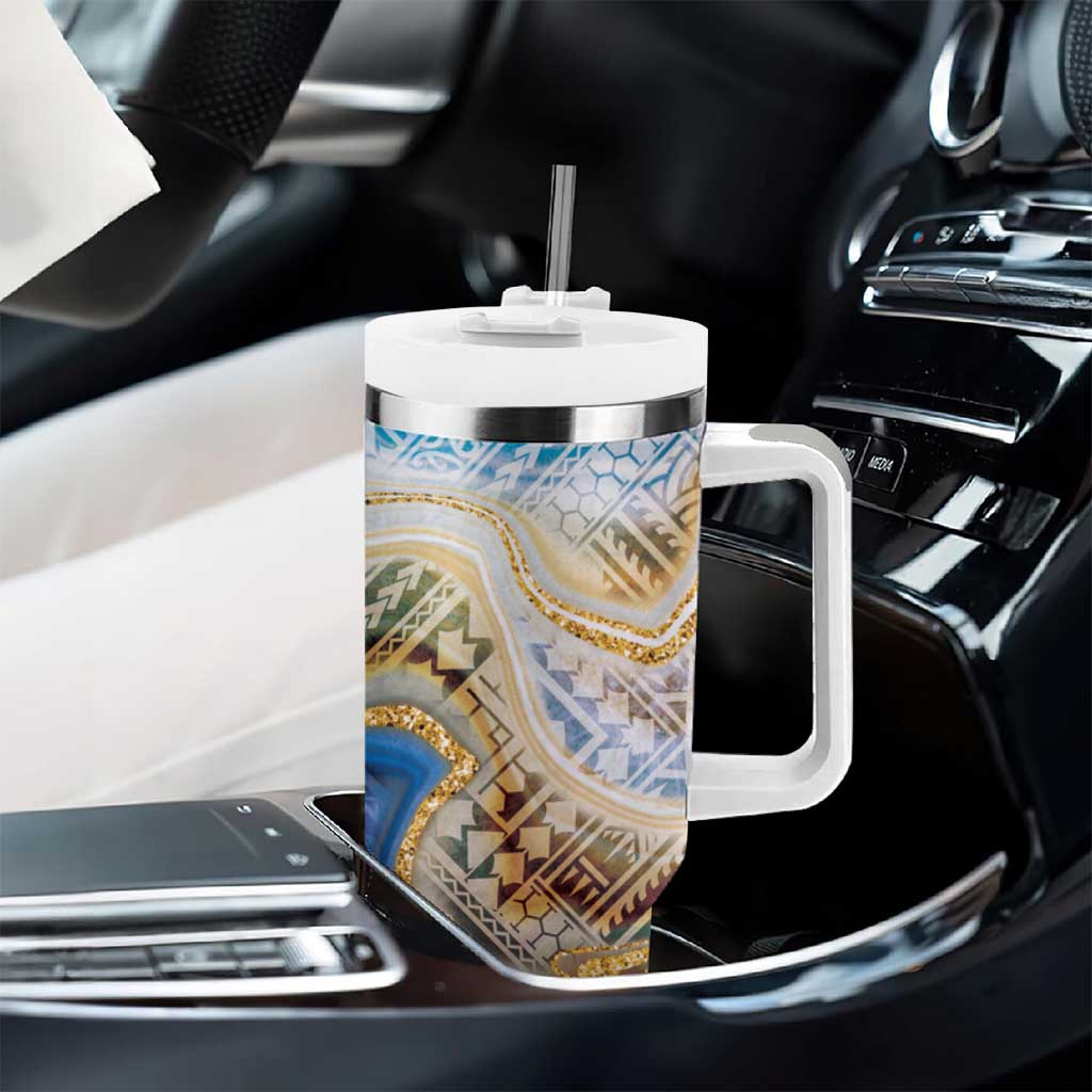 Polynesian Tribal Tattoo Tumbler With Handle Swirling Ocean Marble Pattern