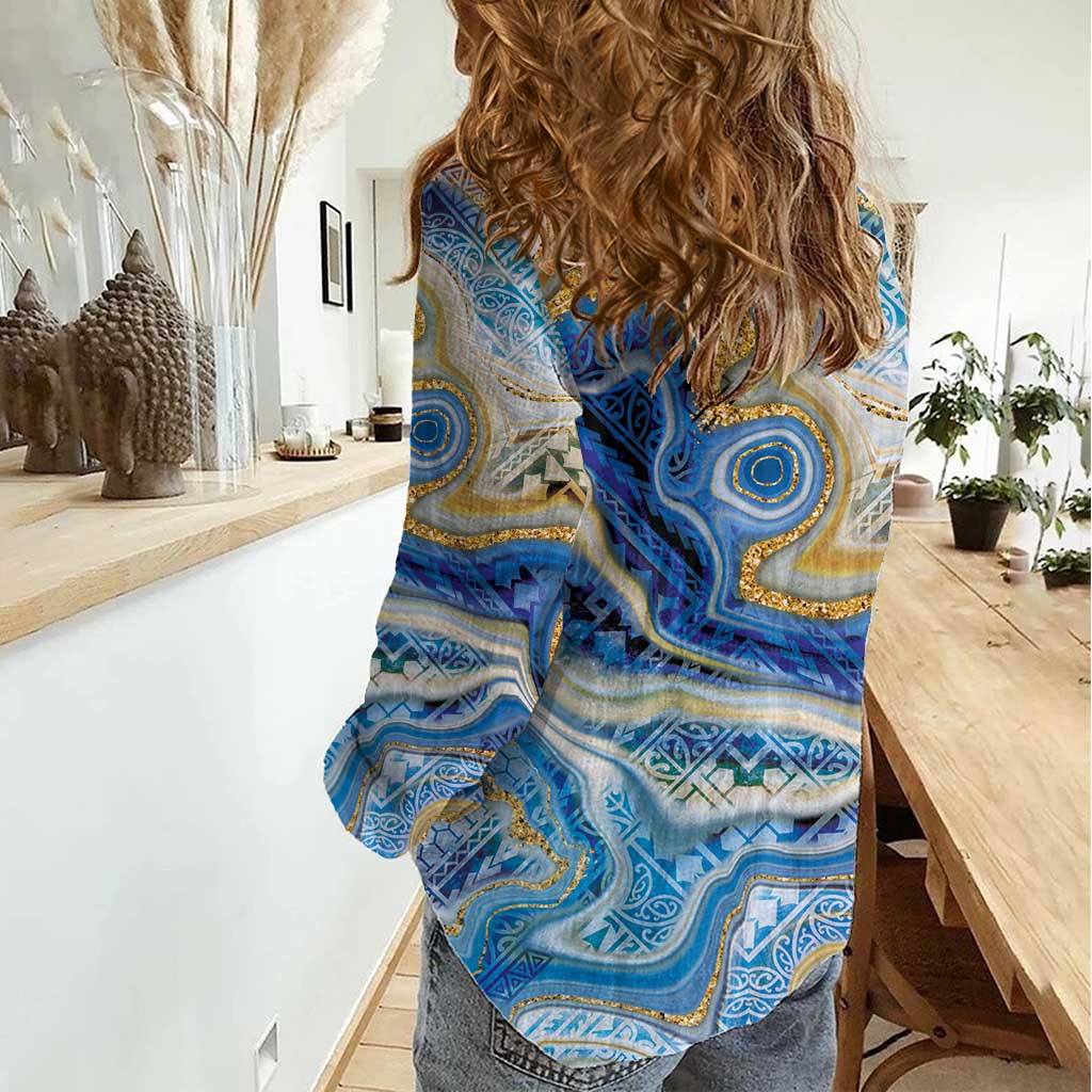 Polynesian Tribal Tattoo Women Casual Shirt Swirling Ocean Marble Pattern
