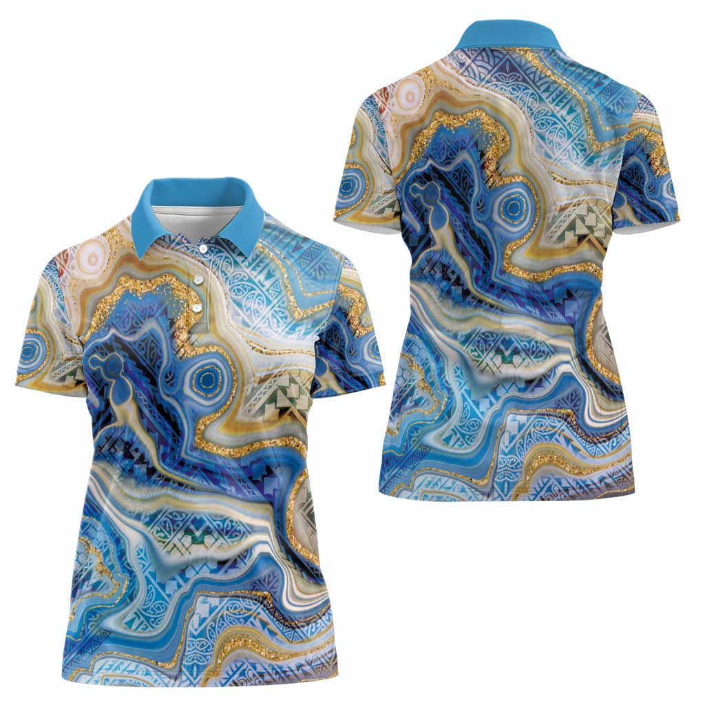 Polynesian Tribal Tattoo Women Polo Shirt Swirling Ocean Marble Pattern