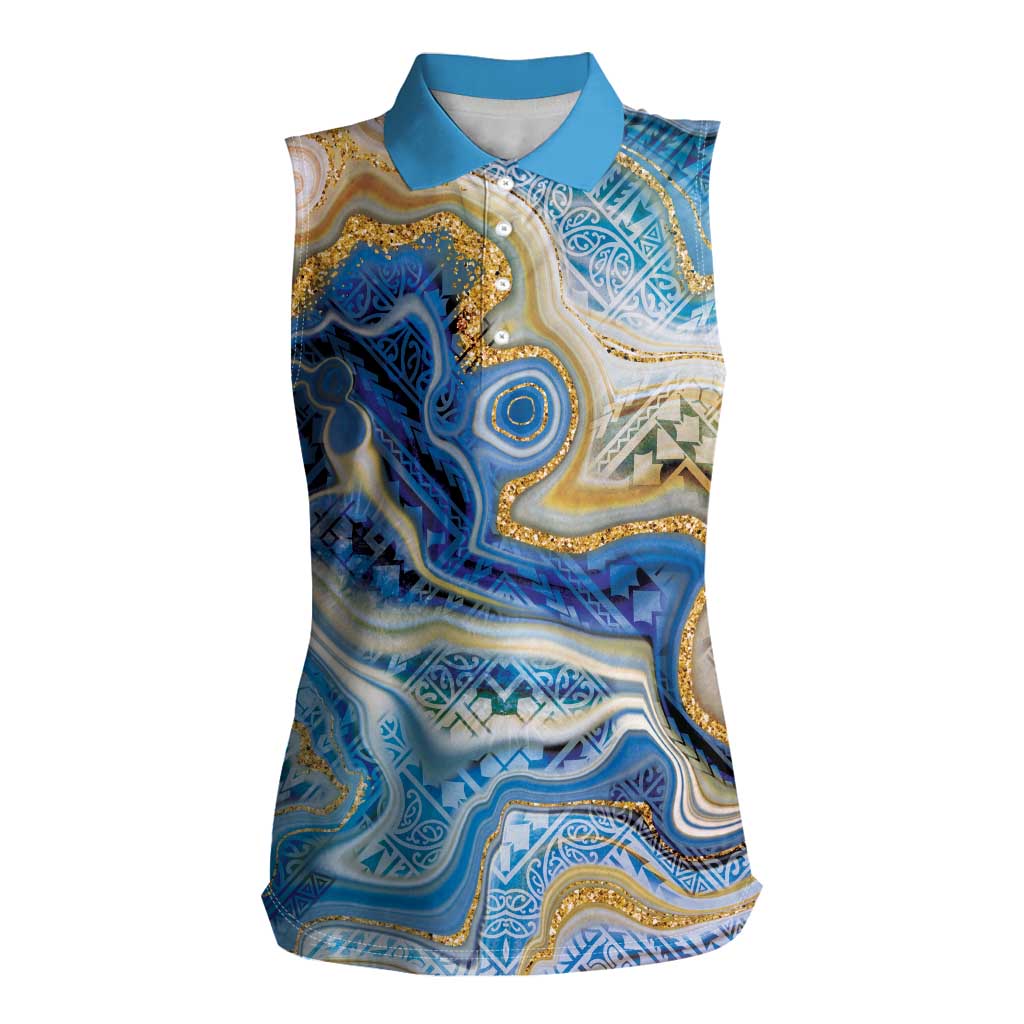 Polynesian Tribal Tattoo Women Sleeveless Polo Shirt Swirling Ocean Marble Pattern