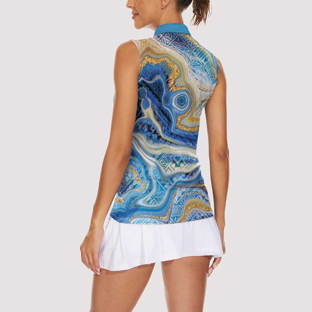 Polynesian Tribal Tattoo Women Sleeveless Polo Shirt Swirling Ocean Marble Pattern