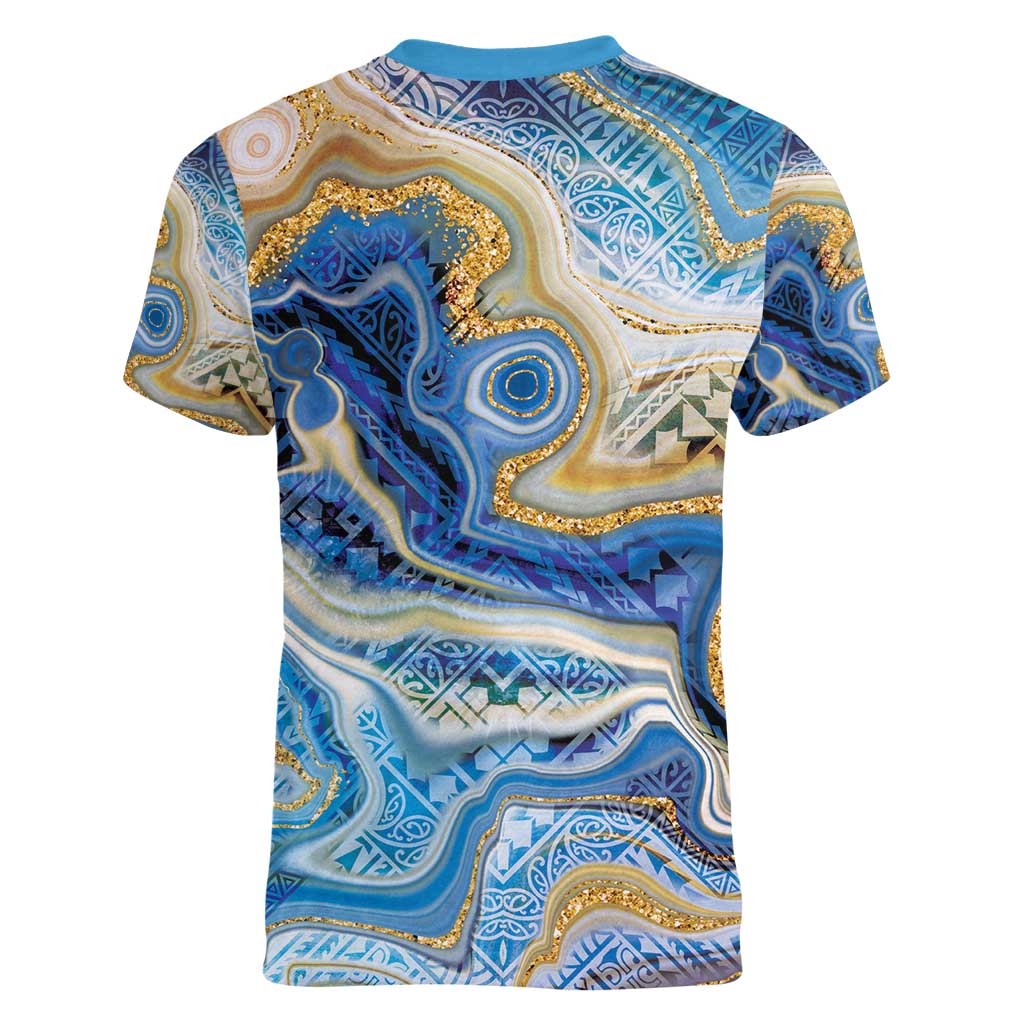 Polynesian Tribal Tattoo Women V-Neck T-Shirt Swirling Ocean Marble Pattern