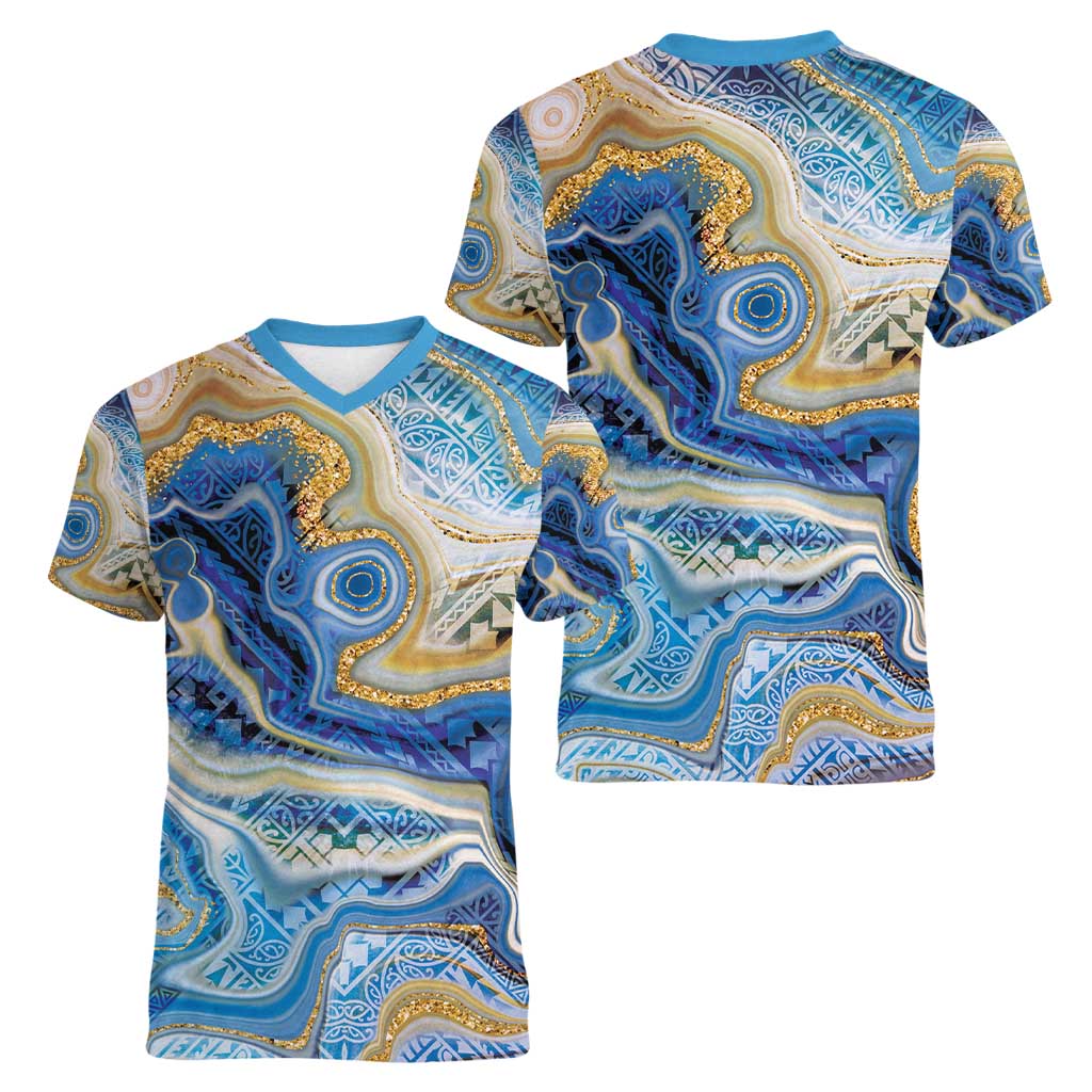 Polynesian Tribal Tattoo Women V-Neck T-Shirt Swirling Ocean Marble Pattern