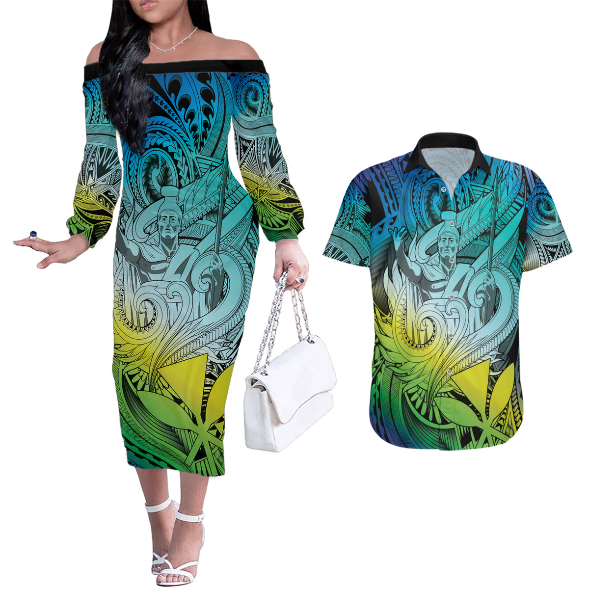 Personalised Aloha King Kamehameha Spirits Couples Matching Off The Shoulder Long Sleeve Dress and Hawaiian Shirt Art Special LT9 Art - Polynesian Pride