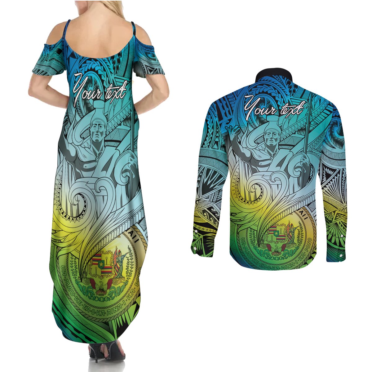 Personalised Aloha King Kamehameha Spirits Couples Matching Summer Maxi Dress and Long Sleeve Button Shirt Art Special LT9 - Polynesian Pride