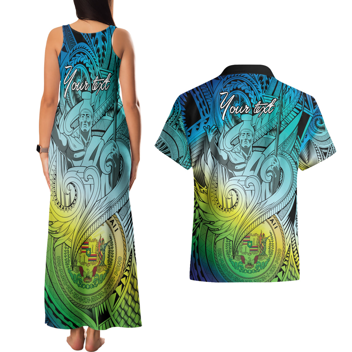 Personalised Aloha King Kamehameha Spirits Couples Matching Tank Maxi Dress and Hawaiian Shirt Art Special LT9 - Polynesian Pride