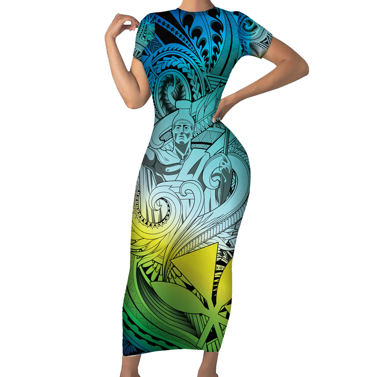 Personalised Aloha King Kamehameha Spirits Short Sleeve Bodycon Dress Art Special LT9 Long Dress Art - Polynesian Pride