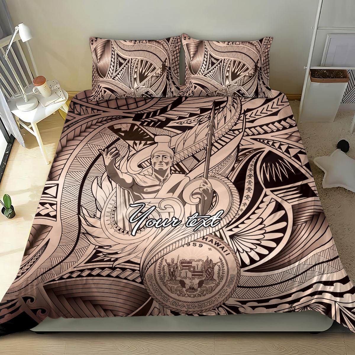 Personalised Aloha King Kamehameha Spirits Bedding Set Beige Special