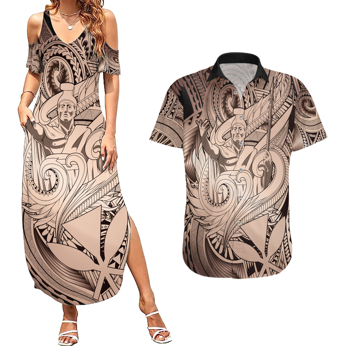 Personalised Aloha King Kamehameha Spirits Couples Matching Summer Maxi Dress and Hawaiian Shirt Beige Special LT9 Beige - Polynesian Pride
