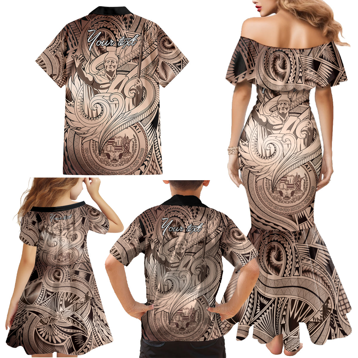 Personalised Aloha King Kamehameha Spirits Family Matching Mermaid Dress and Hawaiian Shirt Beige Special LT9 - Polynesian Pride