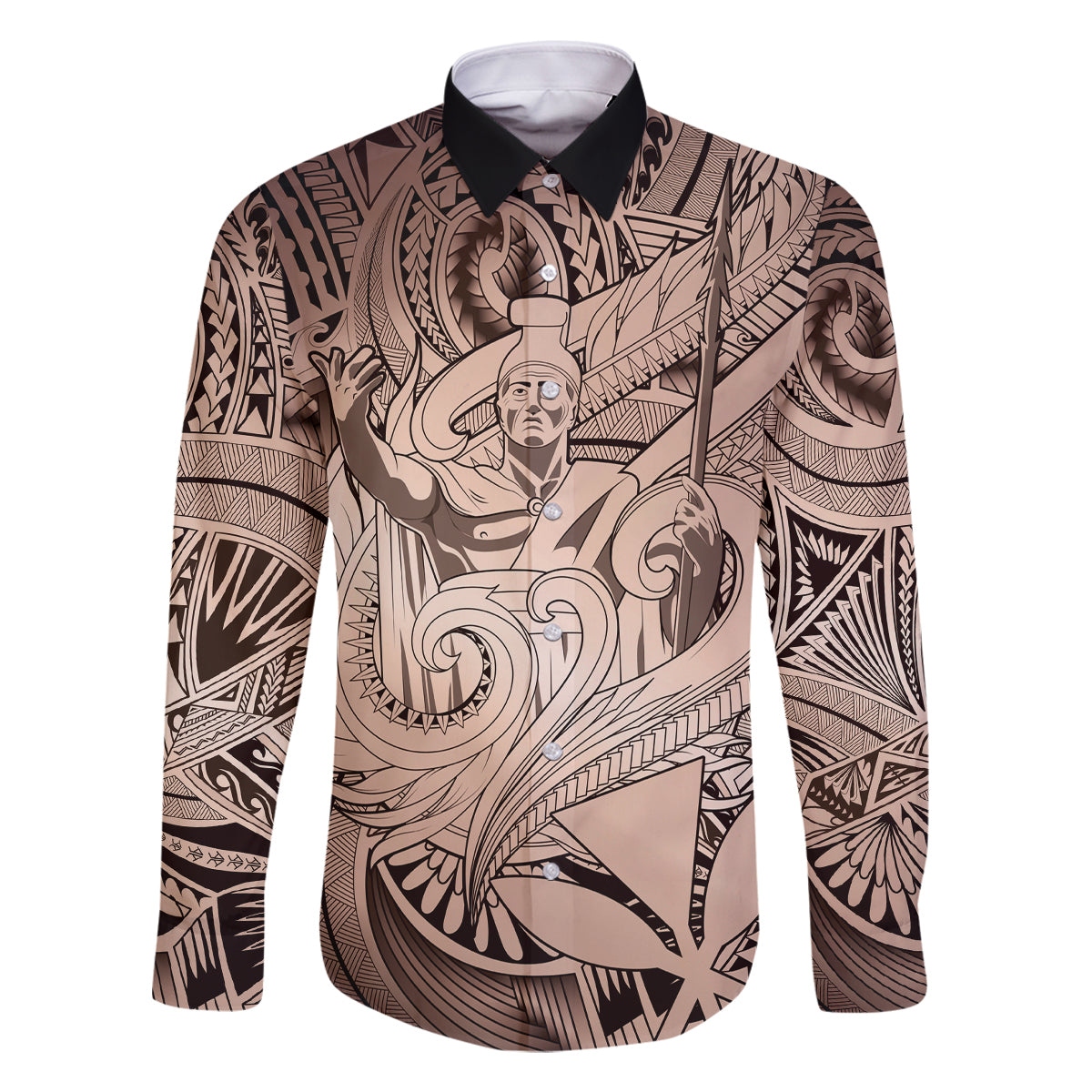 Personalised Aloha King Kamehameha Spirits Family Matching Off Shoulder Short Dress and Hawaiian Shirt Beige Special LT9 Dad's Shirt - Long Sleeve Beige - Polynesian Pride