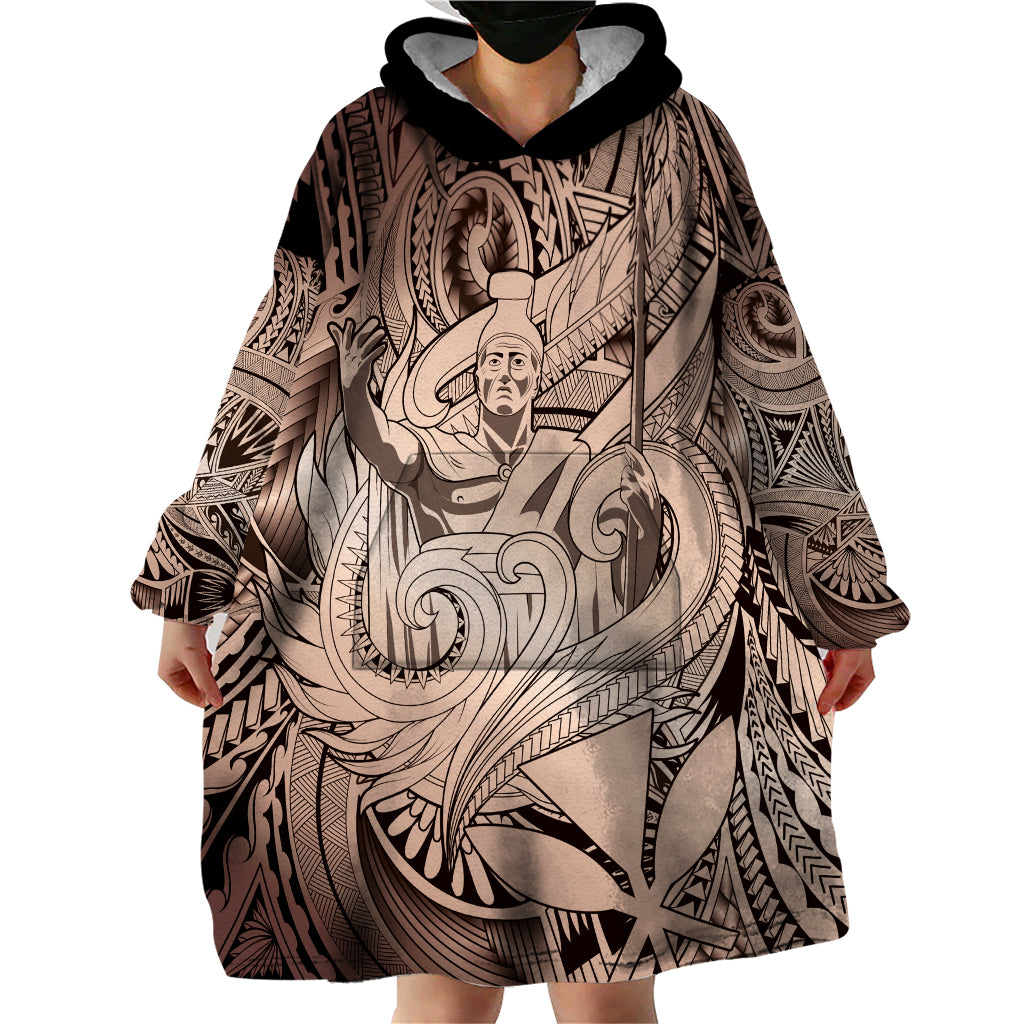 Personalised Aloha King Kamehameha Spirits Wearable Blanket Hoodie Beige Special LT9 - Polynesian Pride