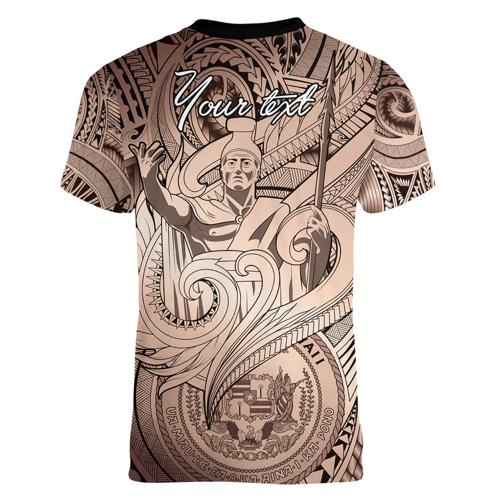 Personalised Aloha King Kamehameha Spirits Women V Neck T Shirt Beige Special LT9 - Polynesian Pride