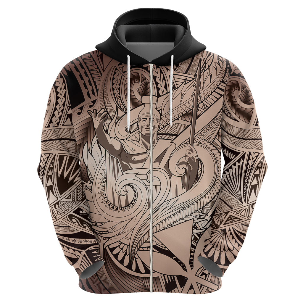 Personalised Aloha King Kamehameha Spirits Zip Hoodie Beige Special LT9 - Polynesian Pride