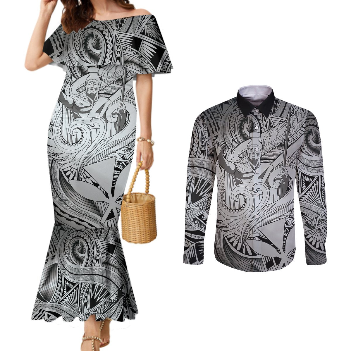 Personalised Aloha King Kamehameha Spirits Couples Matching Mermaid Dress and Long Sleeve Button Shirt Grey Special LT9 Grey - Polynesian Pride