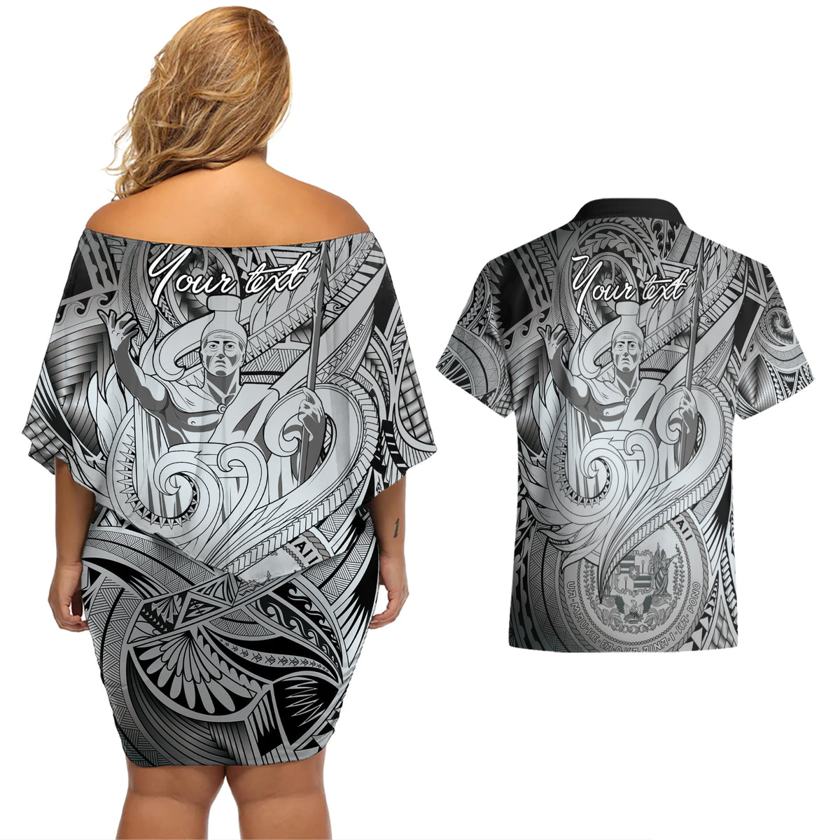 Personalised Aloha King Kamehameha Spirits Couples Matching Off Shoulder Short Dress and Hawaiian Shirt Grey Special LT9 - Polynesian Pride