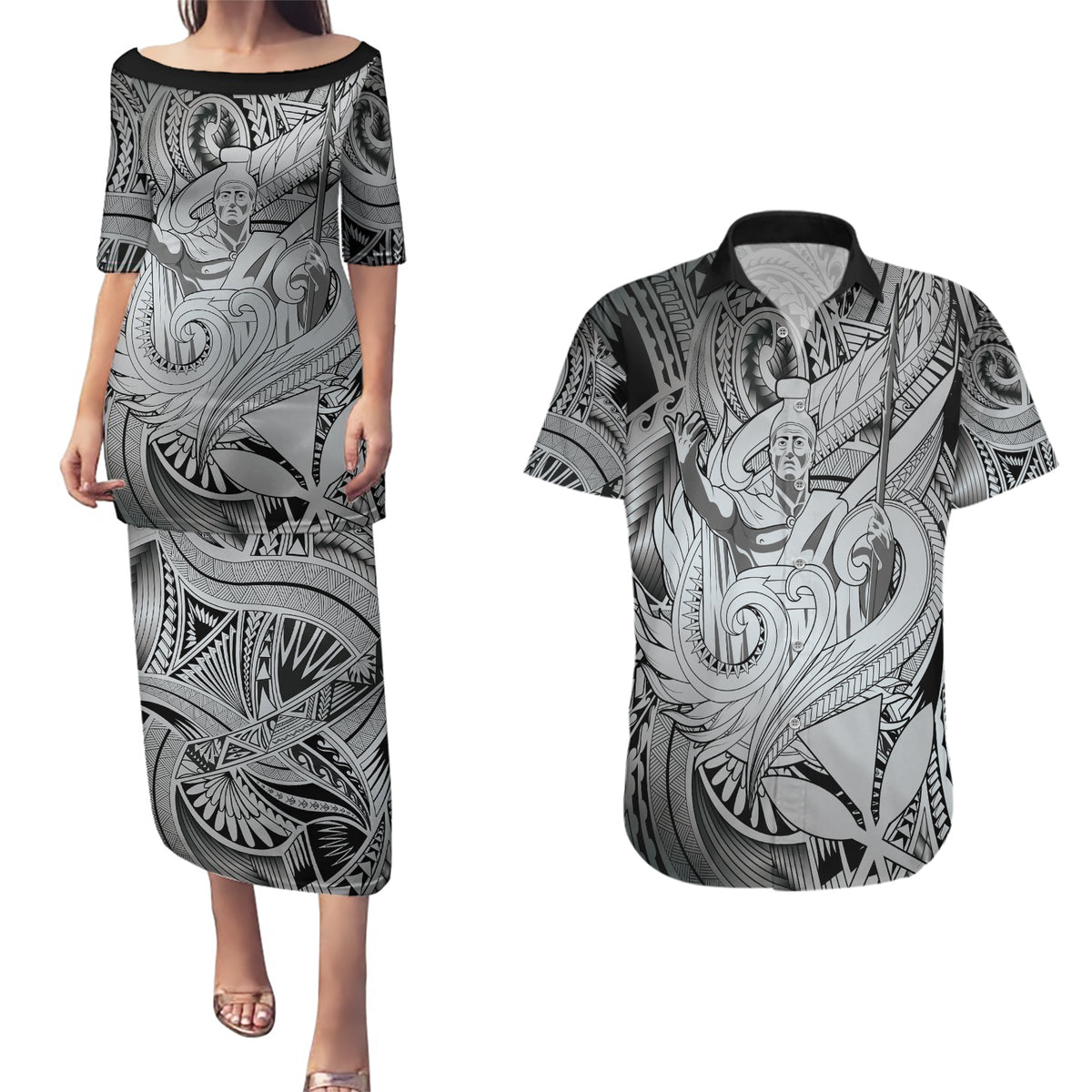 Personalised Aloha King Kamehameha Spirits Couples Matching Puletasi and Hawaiian Shirt Grey Special LT9 Grey - Polynesian Pride