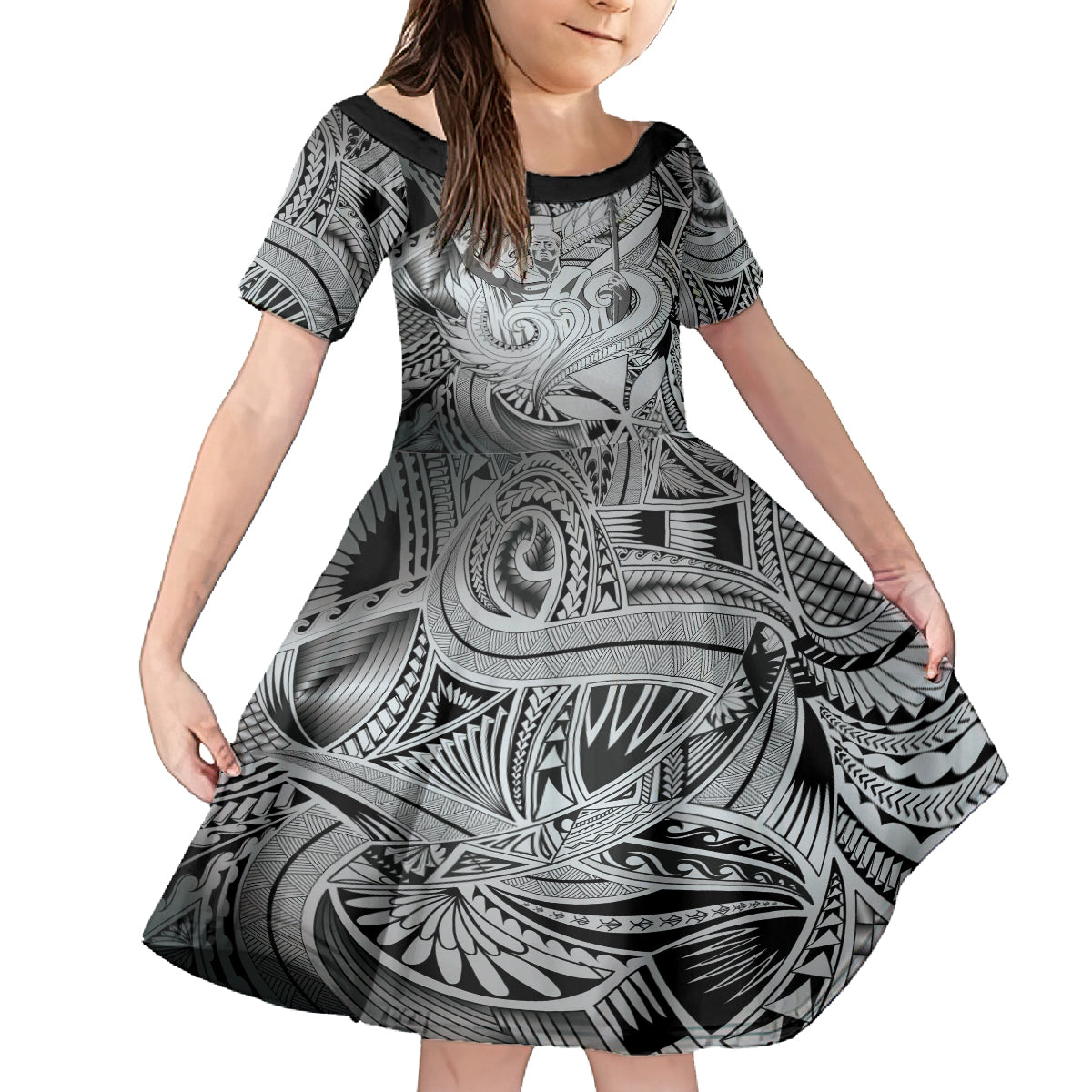 Personalised Aloha King Kamehameha Spirits Family Matching Long Sleeve Bodycon Dress and Hawaiian Shirt Grey Special LT9 Daughter's Dress Grey - Polynesian Pride