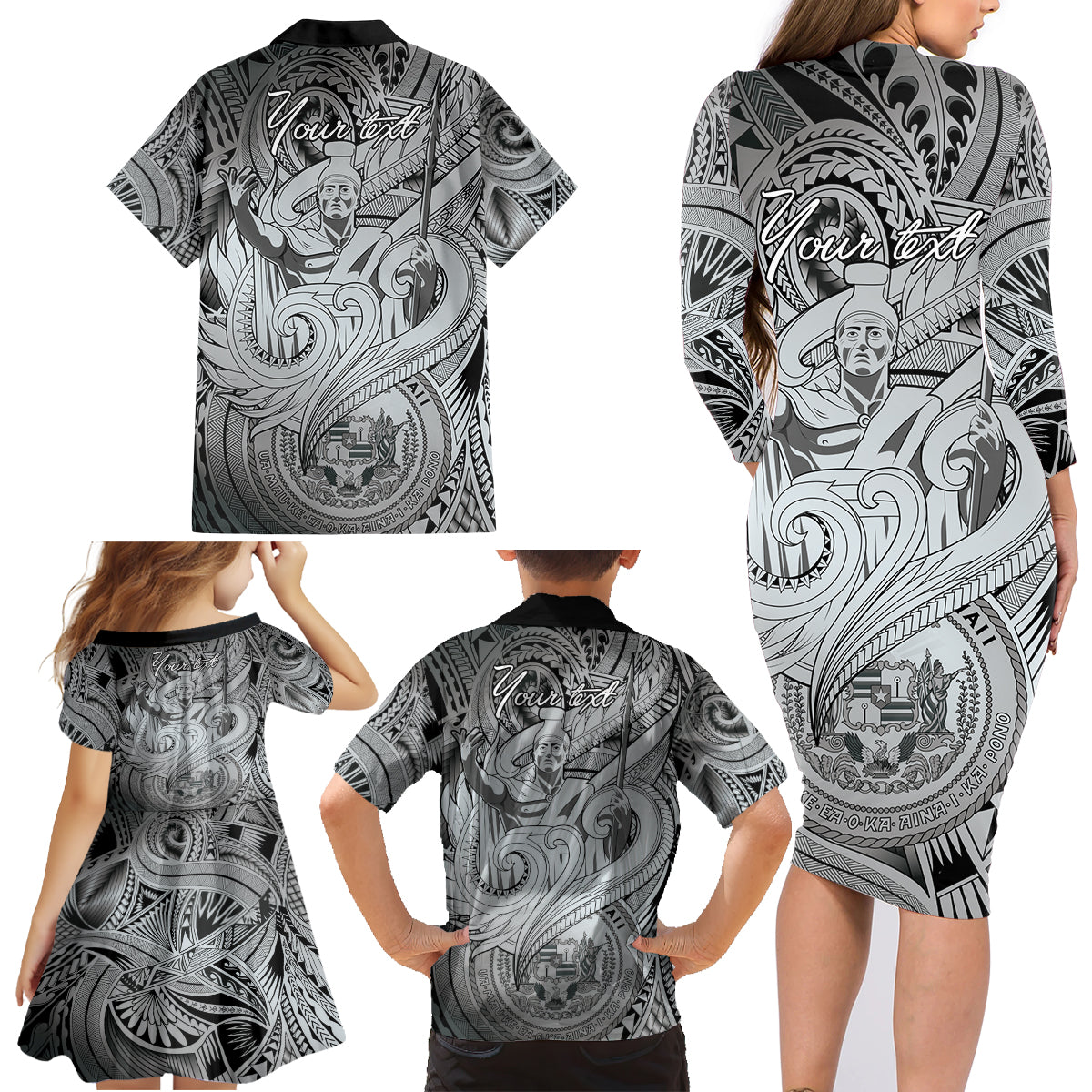 Personalised Aloha King Kamehameha Spirits Family Matching Long Sleeve Bodycon Dress and Hawaiian Shirt Grey Special LT9 - Polynesian Pride