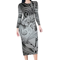 Personalised Aloha King Kamehameha Spirits Family Matching Long Sleeve Bodycon Dress and Hawaiian Shirt Grey Special LT9 Mom's Dress Grey - Polynesian Pride