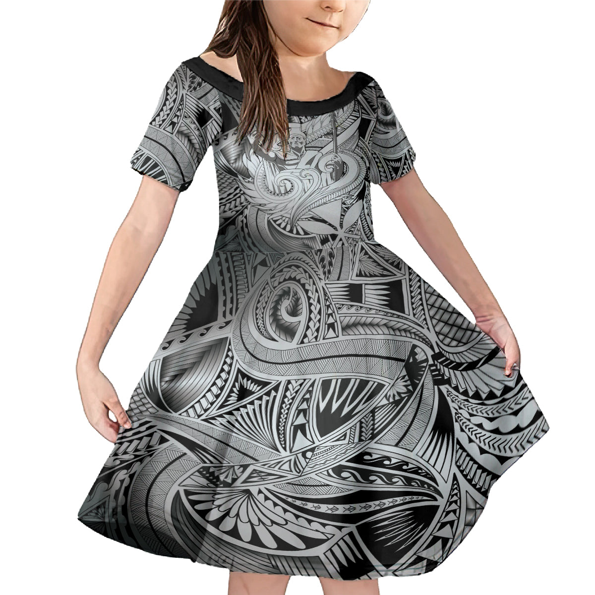 Personalised Aloha King Kamehameha Spirits Family Matching Mermaid Dress and Hawaiian Shirt Grey Special LT9 Daughter's Dress Grey - Polynesian Pride