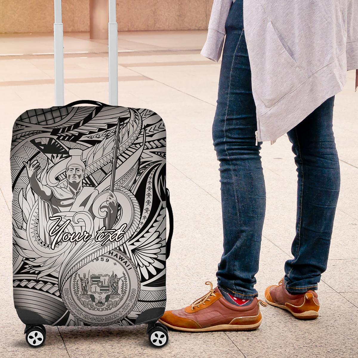 Personalised Aloha King Kamehameha Spirits Luggage Cover Grey Special LT9 Grey - Polynesian Pride