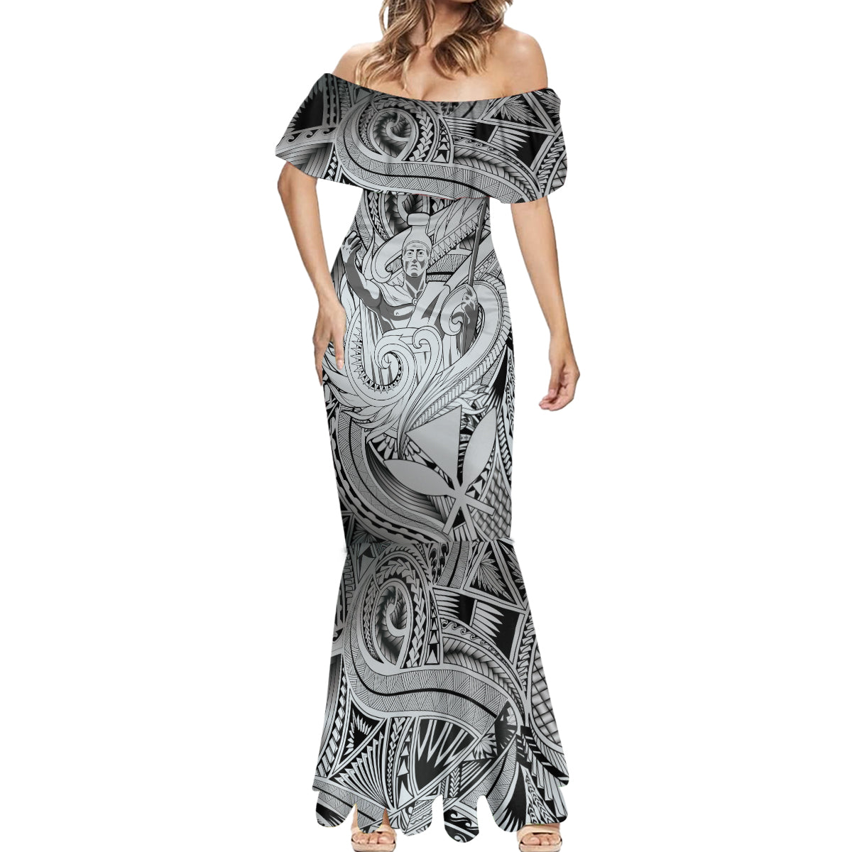 Personalised Aloha King Kamehameha Spirits Mermaid Dress Grey Special LT9 - Polynesian Pride