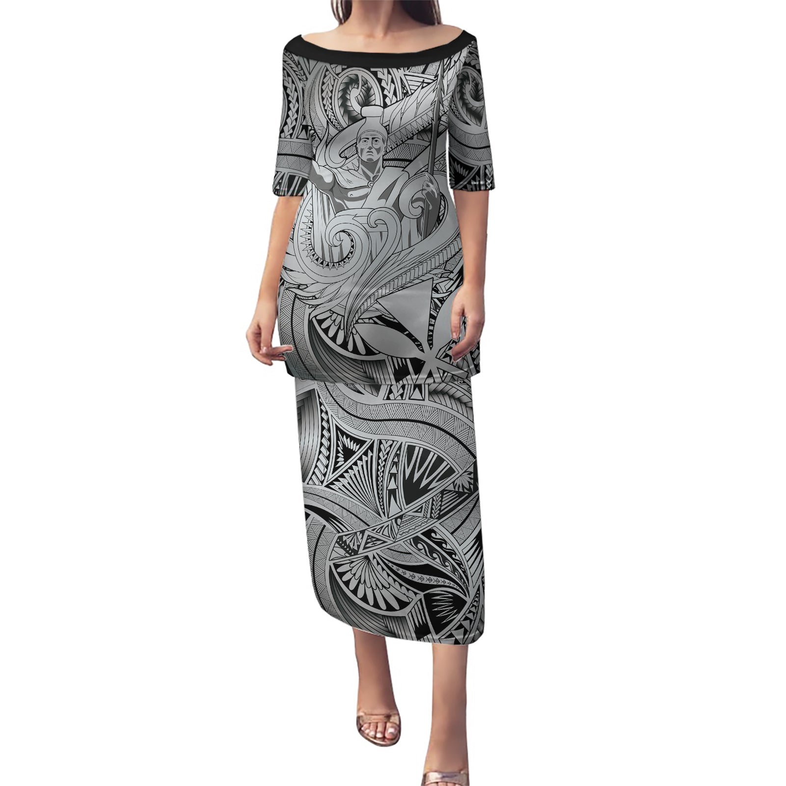 Personalised Aloha King Kamehameha Spirits Puletasi Grey Special LT9 Long Dress Grey - Polynesian Pride