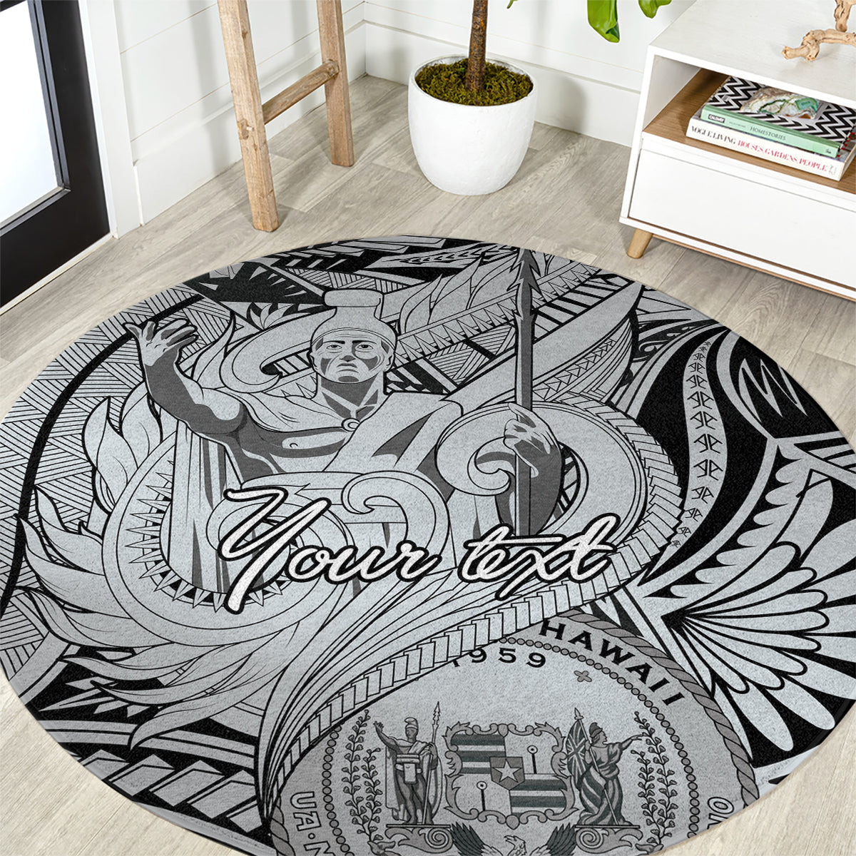 Personalised Aloha King Kamehameha Spirits Round Carpet Grey Special LT9 Grey - Polynesian Pride