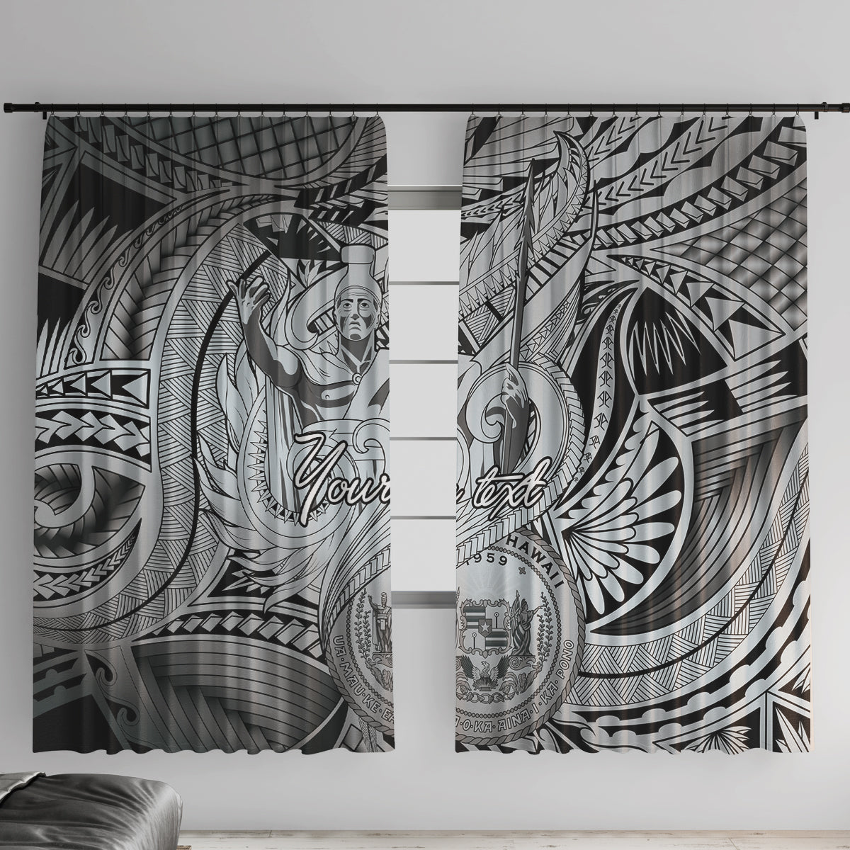 Personalised Aloha King Kamehameha Spirits Window Curtain Grey Special LT9 With Hooks Grey - Polynesian Pride