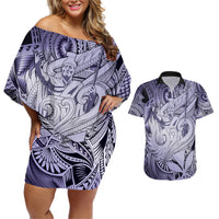 Personalised Aloha King Kamehameha Spirits Couples Matching Off Shoulder Short Dress and Hawaiian Shirt Violet Special LT9 Violet - Polynesian Pride