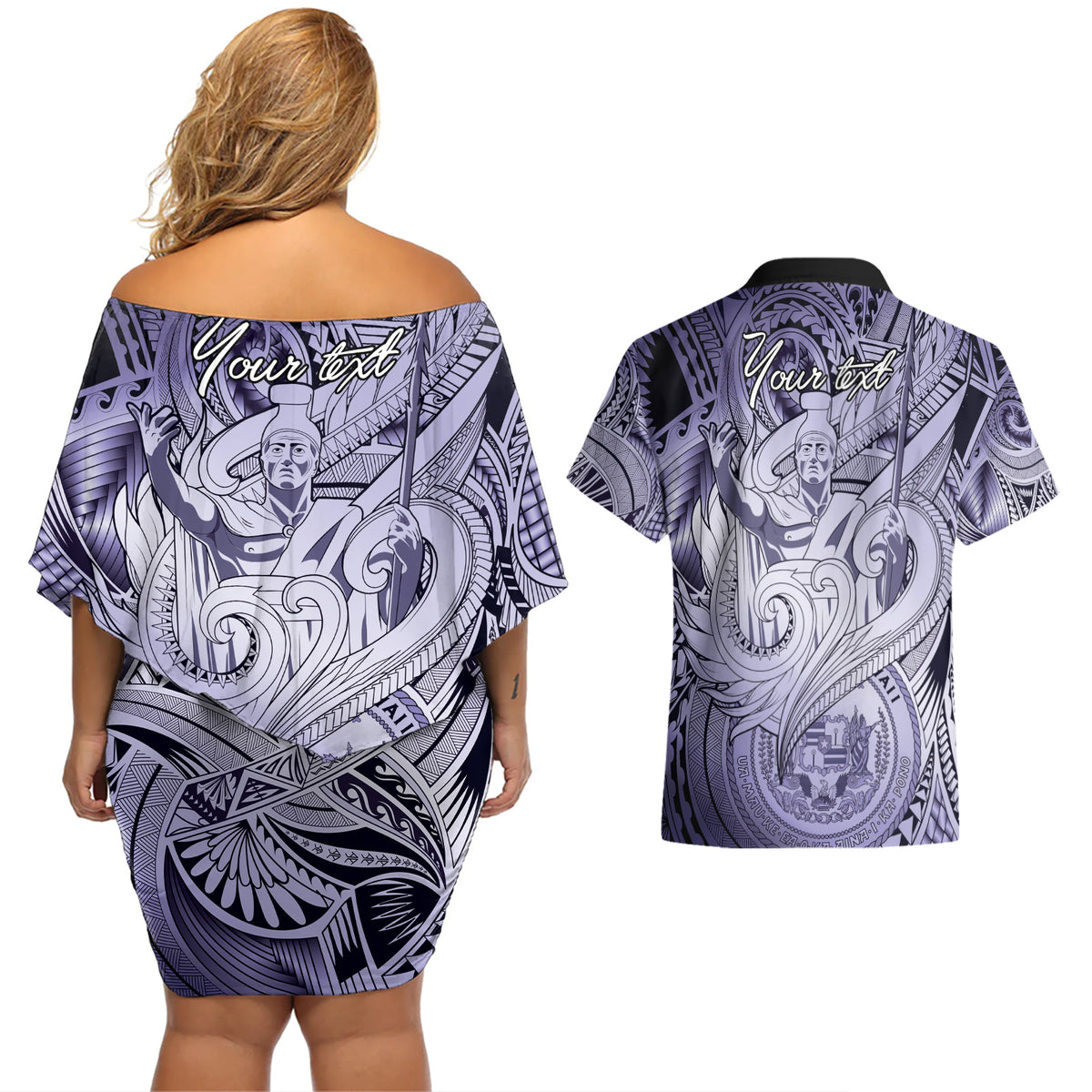 Personalised Aloha King Kamehameha Spirits Couples Matching Off Shoulder Short Dress and Hawaiian Shirt Violet Special LT9 - Polynesian Pride